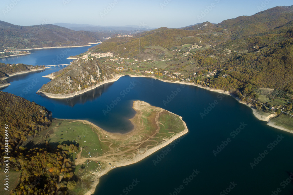 Aerial view of Lake Turano in Rieti, Castel di tora, colle di tora and Ascrea lakeside villages Aerial view of Lake Turano in Rieti, Castel di tora, colle di tora and Ascrea lakeside villages