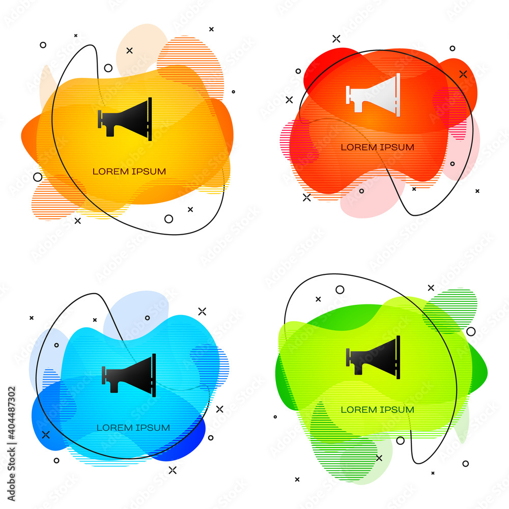 Black Megaphone icon isolated on white background. Speaker sign. Abstract banner with liquid shapes. Vector.