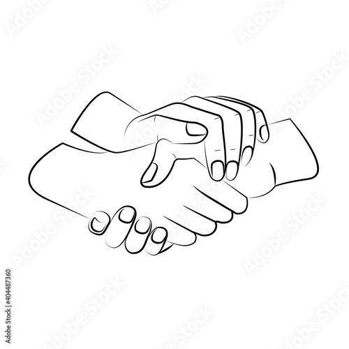 Outline Three hands are intertwined together. A symbol of unity, friendship. Drawing by black line hand in hand. Simple, minimal art. Black and white linear. vector