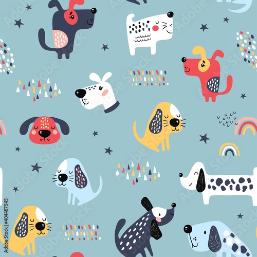 Childish seamless pattern with funny dogs. Creative texture in scandinavian style. Great for fabric, textile Vector Illustration
