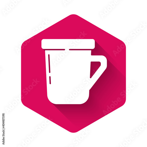 White Coffee cup icon isolated with long shadow. Tea cup. Hot drink coffee. Pink hexagon button. Vector.