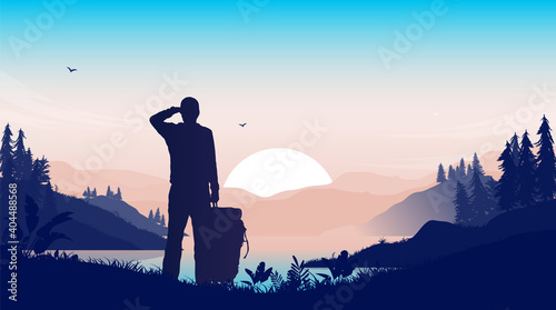 Beautiful hiking trip - Man in nature landscape watching sunset. Beautiful wilderness experience and tranquility concept. Vector illustration.