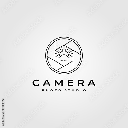 camera lens photography logo with nature mountain symbol vector illustration design
