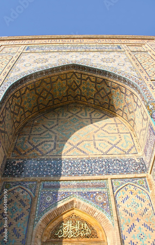 Samarkand, Uzbekistan - November, 14 2019: The Registan square building complex.The ancient city is part of UNESCO World. The Ulugh Beg Madrasah on historic Registan Square