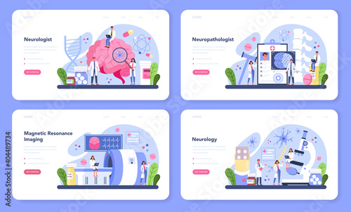 Neurologist web banner or landing page set. Doctor examine human brain.