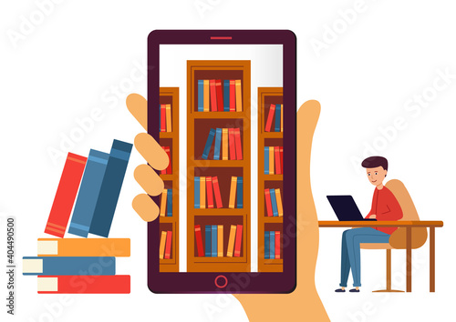 Online library with e-books. Hand holding a mobile or tablet with bookshelves inside. A guy and a girl read books. Vector illustration in modern flat design.
