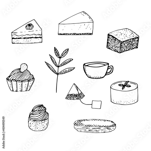 Tea and cake set, vector illustration, hand drawing