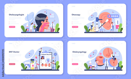 Otorhinolaryngologist web banner or landing page set. Idea of ENT doctor