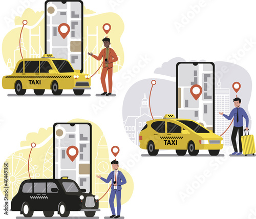 Set of online taxi ordering service on smartphone screen.