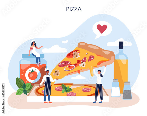 Pizza maker concept. Chef cooking tasty delicious pizza.