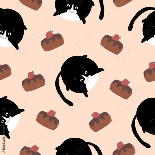 Cute black plump cat with chocolate cake on a pastel background. Birthday seamless pattern. Funny wrapping paper. 