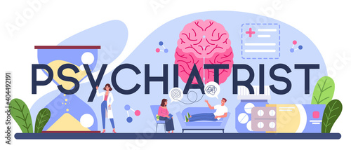 Psychiatrist typographic header. Mental health diagnostic. Doctor treating