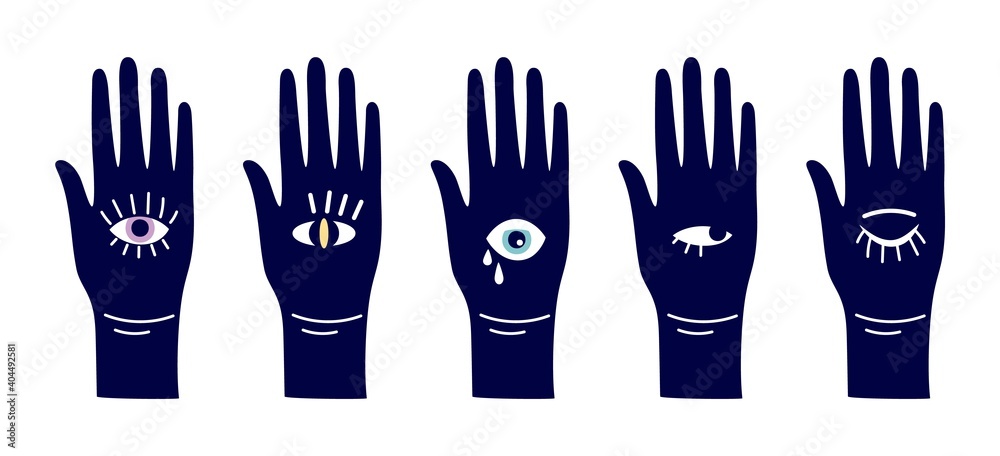 Evil eyes. Magic hand with eye symbols. Different open arms vector silhouettes Evil eyes. Magic hand with eye symbols. Different open arms vector silhouettes