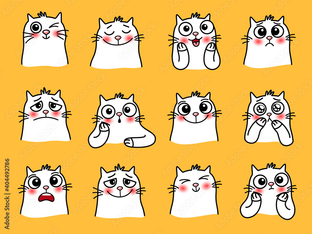 Cat character stickers. Cartoon pets with cute emotions, smiling graphic images of loving animal, vector illustration of funny emoji of cats with big eyes isolated on yellow backgro