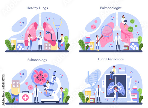 Pulmonologist set. Idea of health and medical treatment. Healthy pulmonary