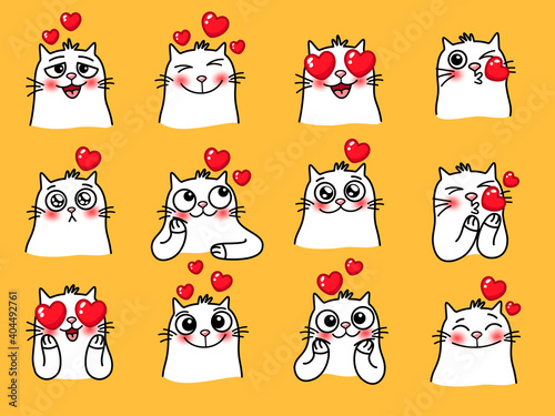 Cat emoticons with heart. Cartoon cute emotions of home loving animals, vector illustration of emoji with funny pets isolated on yellow background