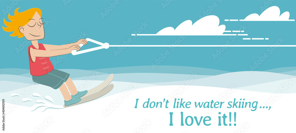 I don't like water skiing, I love it. Banner of a boy doing water skiing on a sunny summer day.