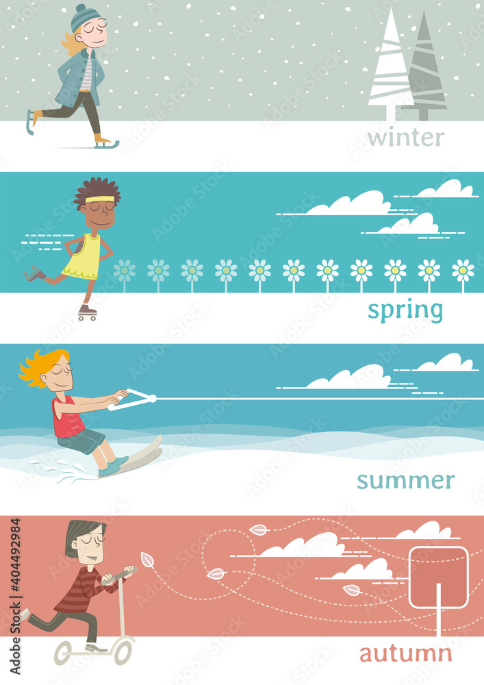 Horizontal banners for the four seasons skating. Spring, summer, autumn, winter: a banner for each of the seasons, but always skating. Horizontal banners for the four seasons skating. Spring, summer, autumn, winter: a banner for each of the seasons, but always skating.