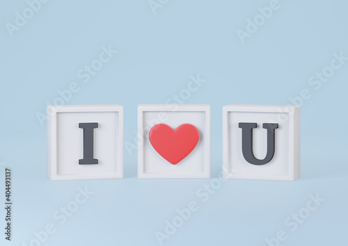 I Love U Words in Cube on Blue Background 3d Rendering