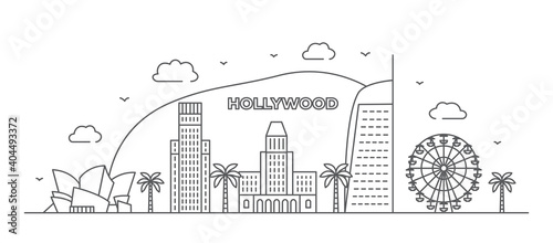 Los Angeles Line drawing Hollywood illustration in line style on white background