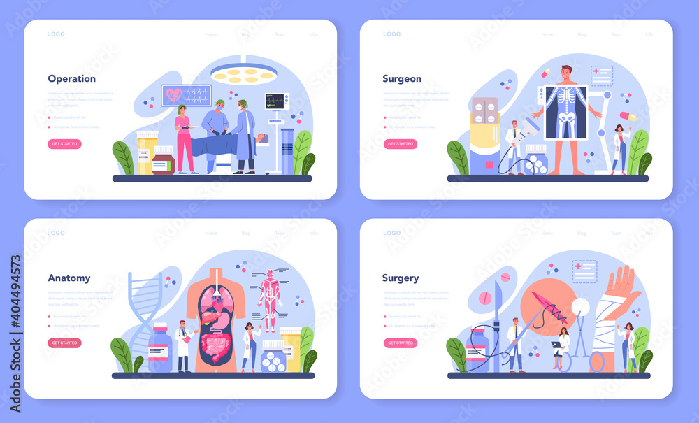 Surgeon web banner or landing page set. Doctor performing medical operations.