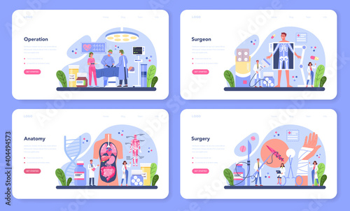 Surgeon web banner or landing page set. Doctor performing medical operations.