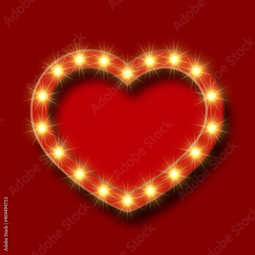 Valentine's Day poster for sale, promotion, discounts. Valentine's Day happy heart. Greeting card shiny light sign. Heart banner light bulbs. Red retro neon heart shape sign with light yellow bulbs