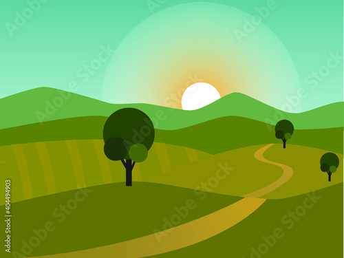 sunrise on the green  mountains green trees and green hills landscape background vector design