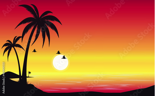 beautiful sunset beach with palm trees and hill vector