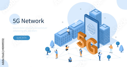 People Characters standing in Modern Smart City and Communicating with New Generation 5g Technology Network. High-speed mobile Internet Concept. Flat Isometric Vector Illustration.
