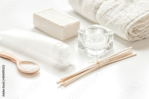 monochrome cosmetic set in SPA concept on white background