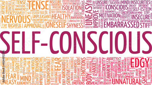 Self-conscious vector illustration word cloud isolated on a white background.	