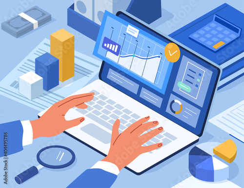 Financial Consultant typing on Laptop with Documents for Tax Calculation on Screen. Woman Preparing Financial Tax Report. Accountant  at Work. Accounting Concept. Flat Isometric Vector Illustration.