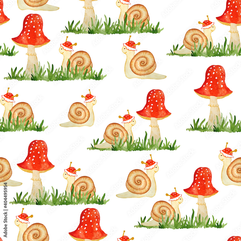 Φωτογραφία Watercolor hand drawn seamless pattern illustration of amanita muscaria mushrooms with red caps in forest wood woodland green grass and funny cartoon snail