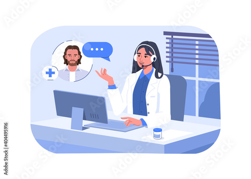 Doctor Chatting and having Video Talk on Medical Internet Portal. Therapist Consulting Patient Online. Health Care Services and Online Medicine Concept. Flat Isometric Vector Illustration.