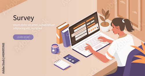 Woman sitting at Desk and Filling Survey Form. She Putting Check Marks on Checklist, Giving  Five Star Feedback and Leaving Review. User Experience Concept. Flat Isometric Vector Illustration.