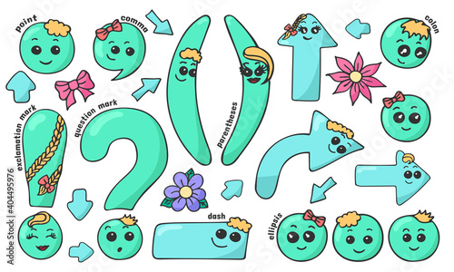 Set of hand drawn cute smiling kawaii punctuation marks in doodle style. Colored funny cartoon isolated vector illustration	