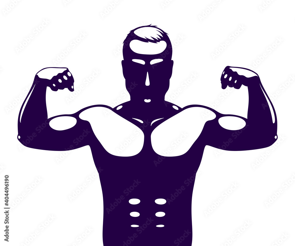 Strong man perfect silhouette showing hands with muscles vector logo or icon.