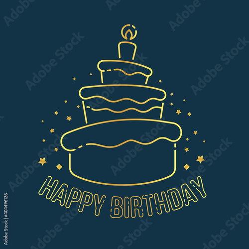 Happy birthday banner with abstract gold border line simple cute cake and candle light symbol on drak blue background vector design