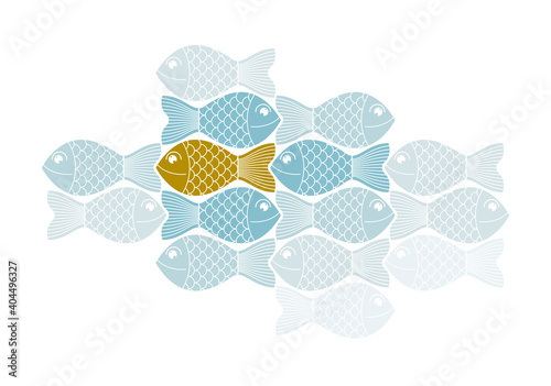 Being different or special vector concept shown with funny cartoon fishes and one is another color and swimming another direction, alternative opposition, variety.