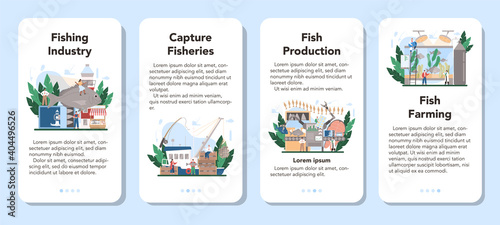 Industrial fishing mobile application banner set. Capture fisheries,