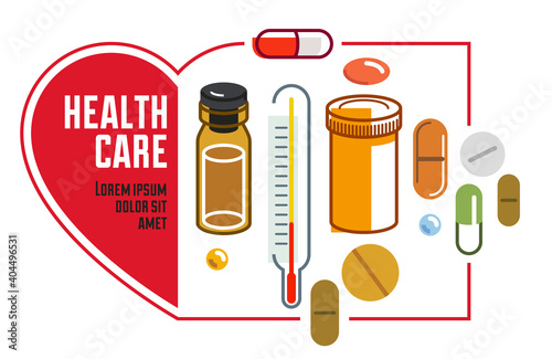 Medical clinic or hospital flyer in a shape of heart, big composition set of medicaments vector flat illustration isolated, advertising banner health care and healing medical theme design.