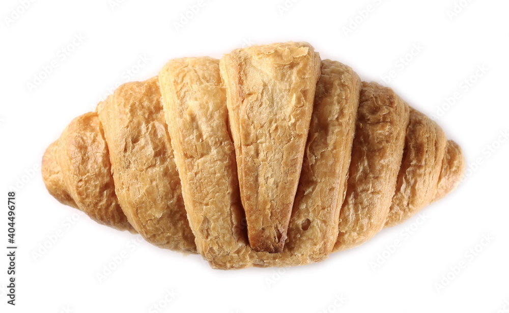 French croissant, breakfast pastry isolated on white background, top view