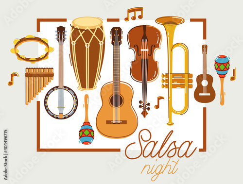 Latin music band salsa vector flat poster isolated over white background, live sound festival concert or night dancing party, Brazil or Cuban musical fiesta theme advertising flyer or banner.