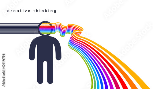 Creative mind brain vector concept in flat trendy design style, colorful rainbow stripes goes out of man head symbolizes creative ideas and thinking, artist designer or writer author.