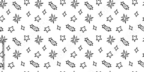 Space black and white doodle seamless pattern - hand drawn celestial line digital paper with space and stars, cute kids seamless background for textile, scrapbooking, wrapping paper