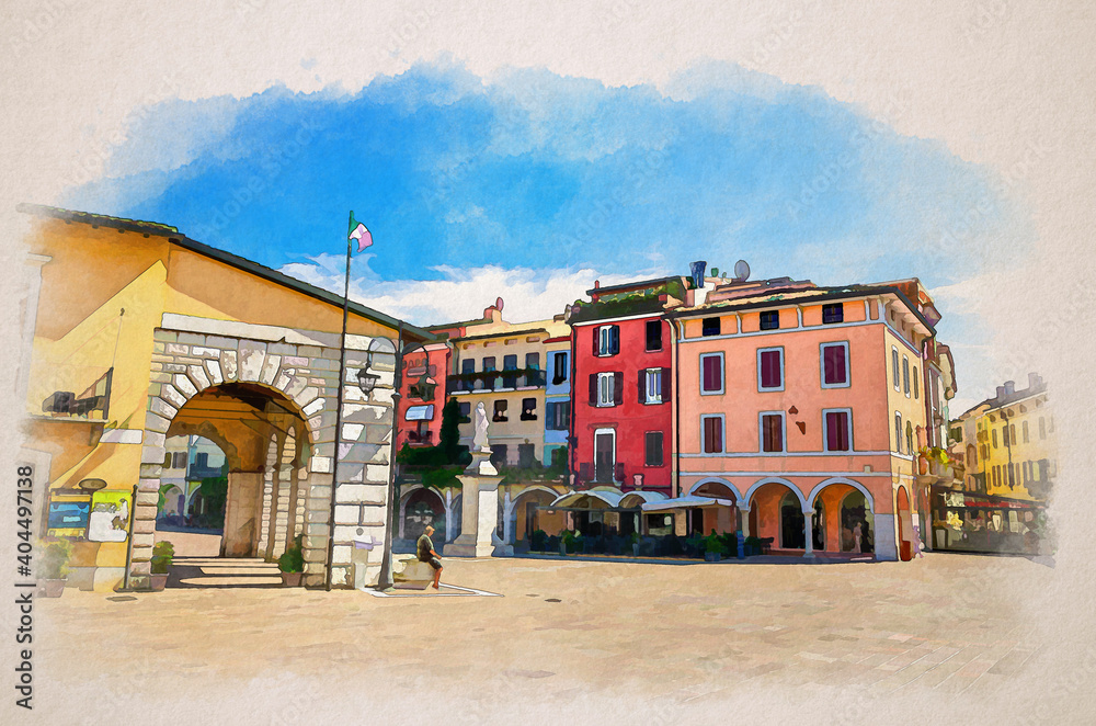 Watercolor drawing of Desenzano del Garda: Vintage Antique market place and Angela Merici monument on Piazza Giuseppe Malvezzi square