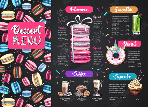 Chalk drawing dessert menu design with sweet french macaroons