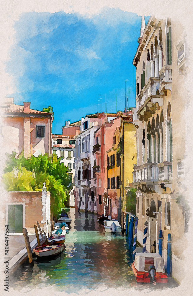 Φωτογραφία Watercolor drawing of Typical Venice narrow water canal with moored boats betwee