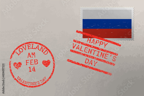 Postage stamp envelope with Russia flag and Valentines Day stamps, vector